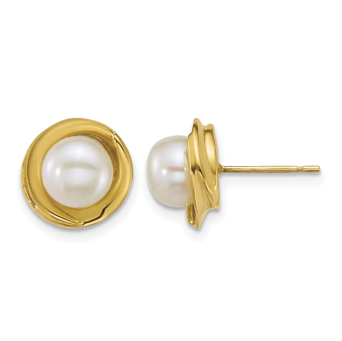 Pair of gold stud earrings with white pearl centers set in textured gold bezels, shown front and side view.