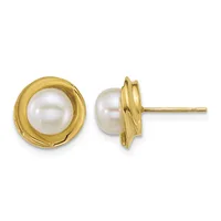 Pair of gold stud earrings with white pearl centers set in textured gold bezels, shown front and side view.