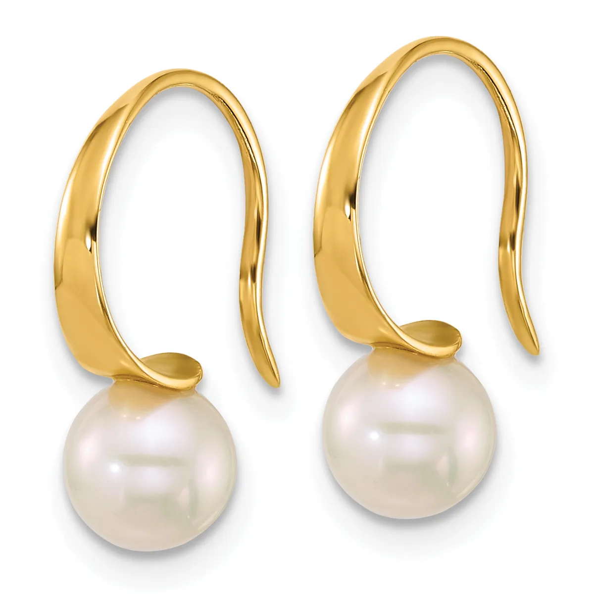 A pair of gold hook earrings, each suspending a white pearl, shown against a white background.