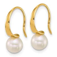 A pair of gold hook earrings, each suspending a white pearl, shown against a white background.