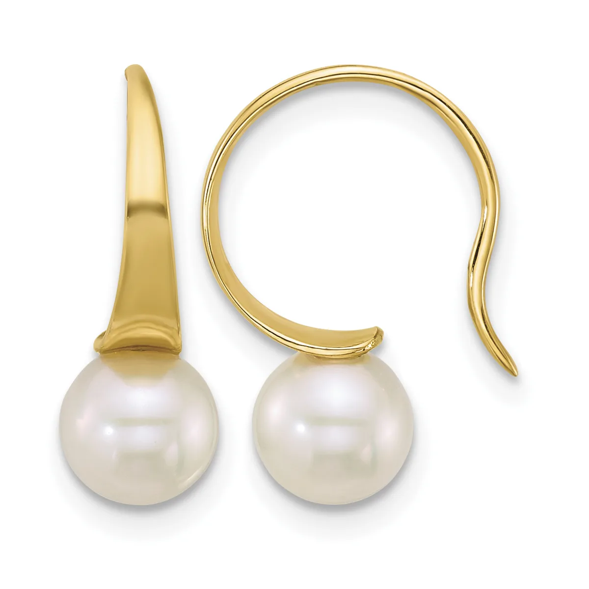 Pair of gold hook earrings with white pearl drops, shown from front and side views against a white background.