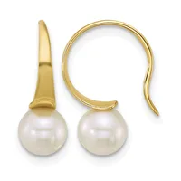 Pair of gold hook earrings with white pearl drops, shown from front and side views against a white background.
