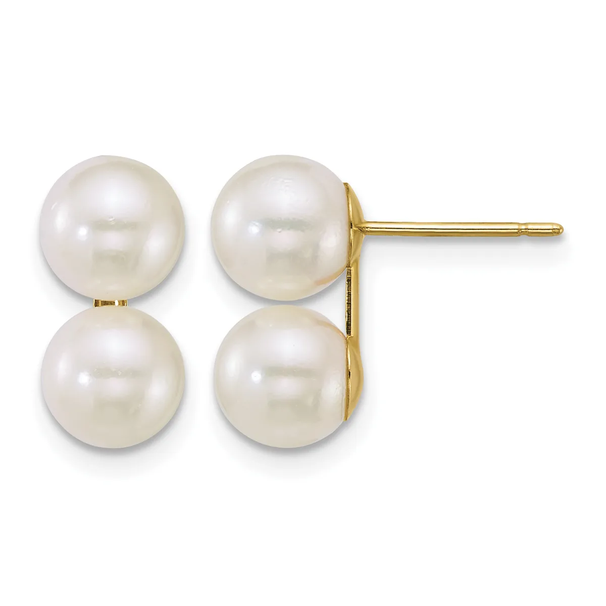 A pair of gold stud earrings, each featuring two stacked white pearl spheres of equal size, displayed against a white background.