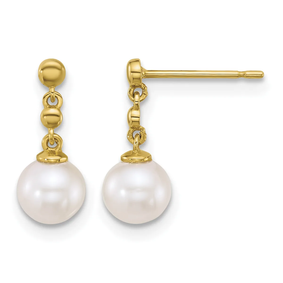 Pair of gold drop earrings with spherical pearl pendants suspended from decorative gold caps and ball-and-post studs.