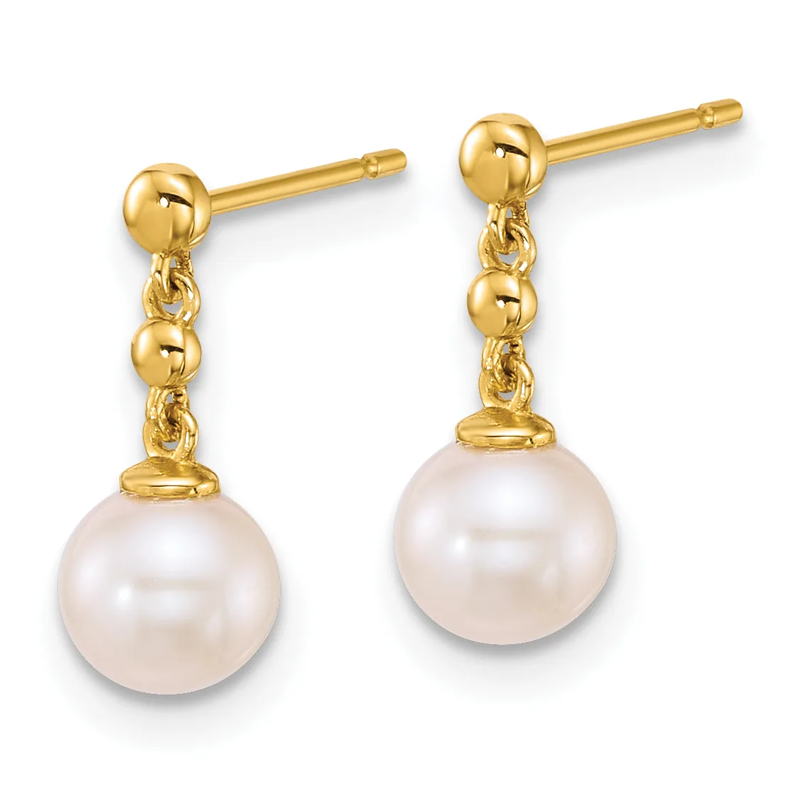 Pair of gold drop earrings with ball studs, small beaded connectors, and white pearl pendants, shown from the front against a white background.