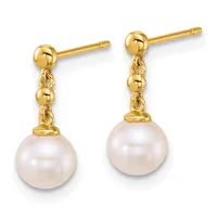 Pair of gold drop earrings with ball studs, small beaded connectors, and white pearl pendants, shown from the front against a white background.