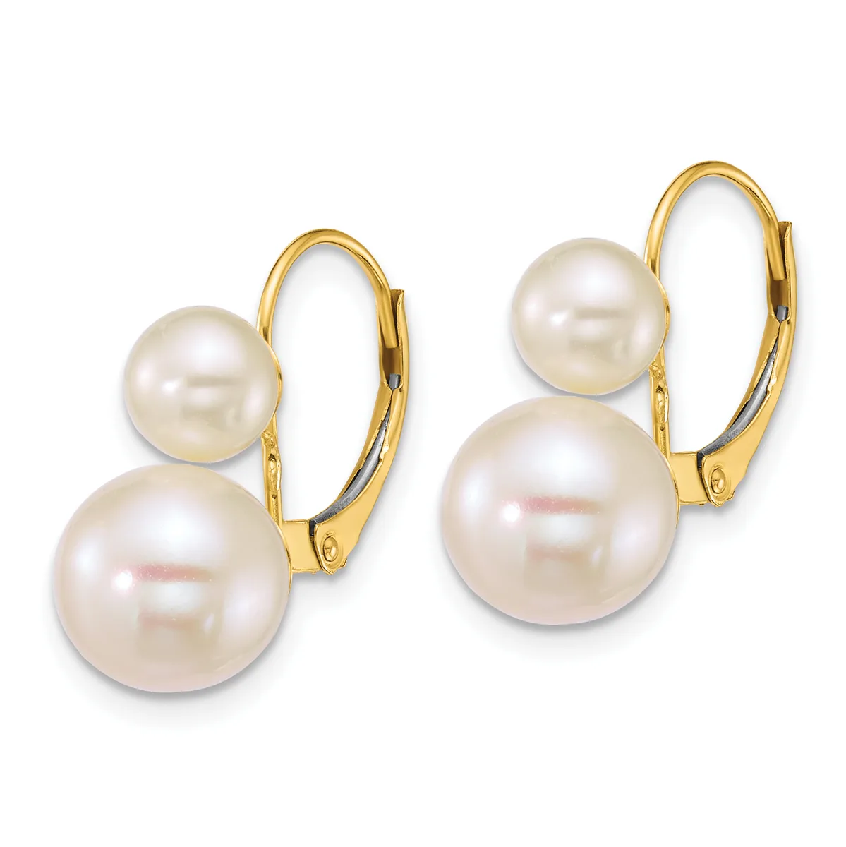 A pair of gold lever-back earrings, each featuring two lustrous white pearls of graduated sizes suspended from the gold wire.