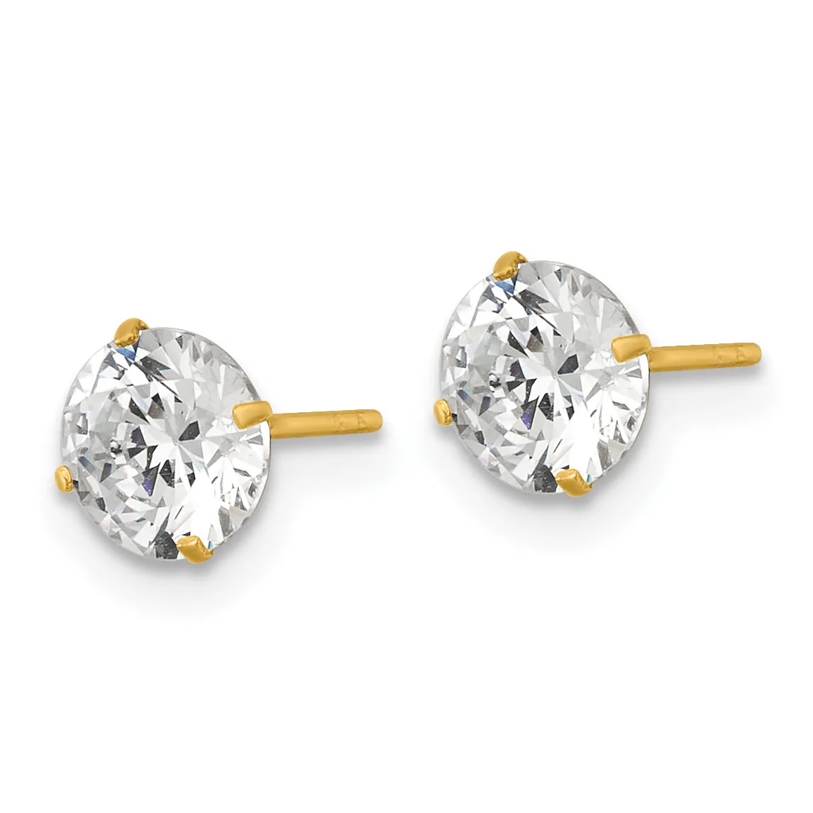A pair of round brilliant-cut cubic zirconia stud earrings set in gold-toned metal with post and clutch backs, displayed against a white background.