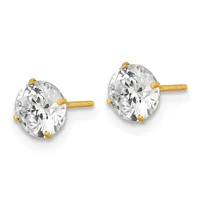 A pair of round brilliant-cut cubic zirconia stud earrings set in gold-toned metal with post and clutch backs, displayed against a white background.