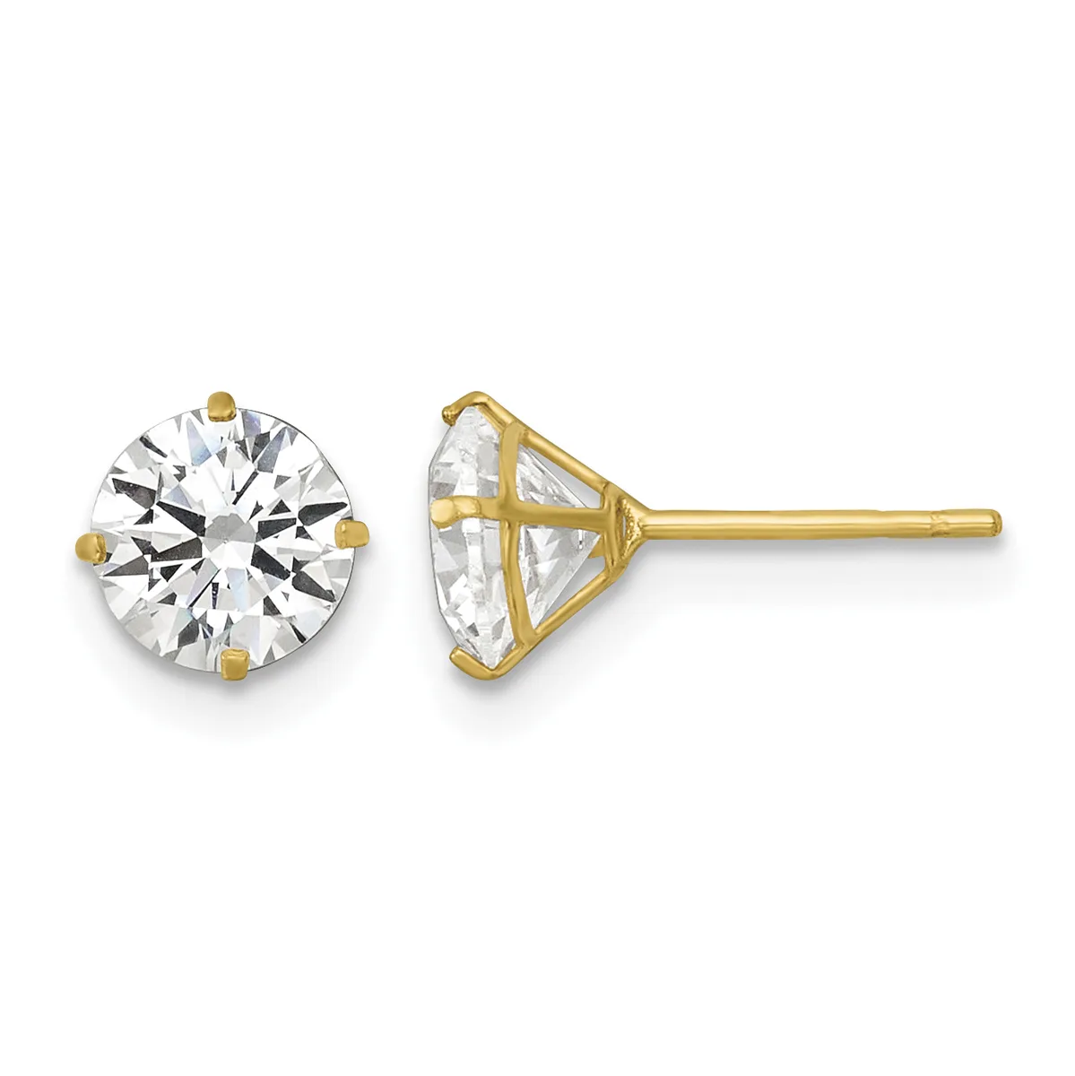 Pair of gold stud earrings with round brilliant-cut cubic zirconia stones set in four-prong martini settings, shown from front and side views.