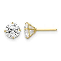 Pair of gold stud earrings with round brilliant-cut cubic zirconia stones set in four-prong martini settings, shown from front and side views.