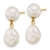 Pair of gold earrings with round and teardrop-shaped white pearl dangles connected by small gold loops.