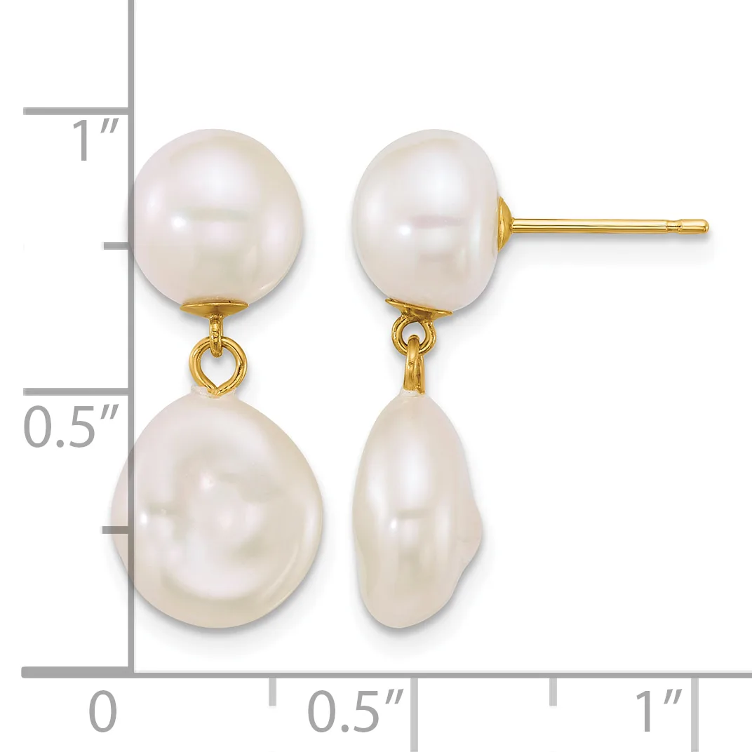 Pair of gold drop earrings with round and baroque pearl dangles, displayed next to a ruler showing approximately one inch in length.