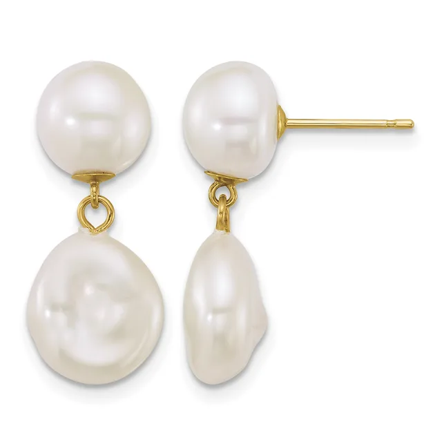 Pair of gold earrings with round white pearl studs on top and larger baroque pearl drops suspended below by small loops.
