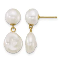 Pair of gold earrings with round white pearl studs on top and larger baroque pearl drops suspended below by small loops.