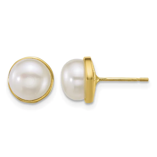 Pair of gold stud earrings with round white pearl tops set in polished yellow gold bezels, shown from front and side views.