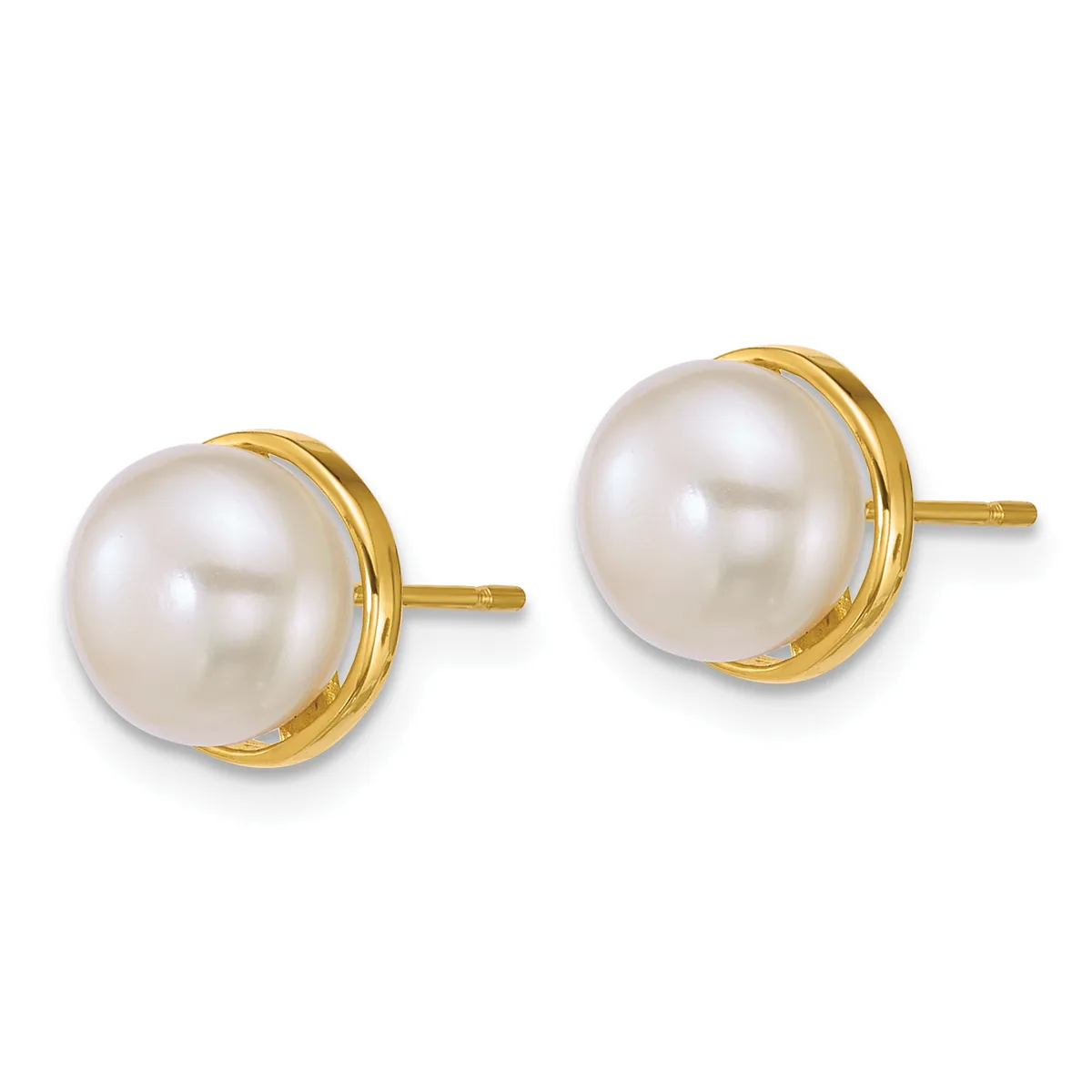 A pair of round white pearl stud earrings set in gold-colored metal with matching gold posts on a white background.
