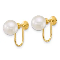 Pair of gold earrings with white pearl studs and curved gold wire loop backs, shown from the front.