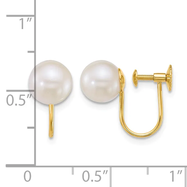 A pair of white pearl stud earrings with gold posts and backs, shown next to a measurement scale indicating approximately half-inch diameter pearls.