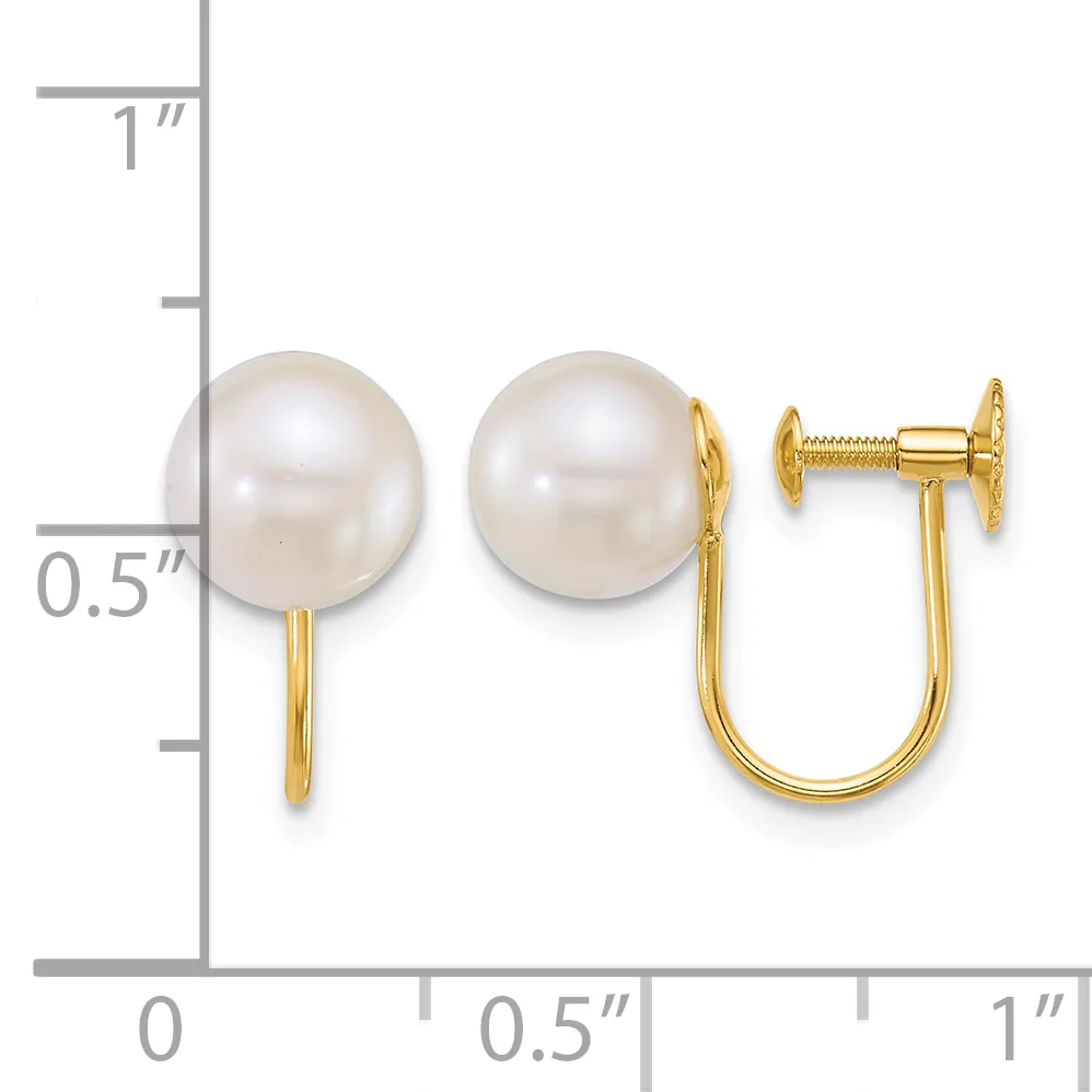 A pair of white pearl stud earrings with gold posts and backs, shown next to a measurement scale indicating approximately half-inch diameter pearls.