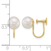 A pair of white pearl stud earrings with gold posts and backs, shown next to a measurement scale indicating approximately half-inch diameter pearls.