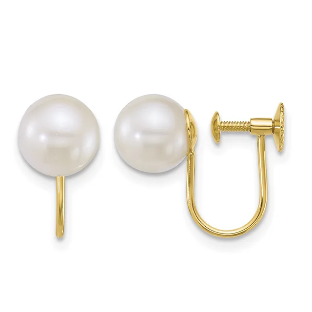 Pair of gold-toned pearl stud and screw-back earrings with large white lustrous pearls, shown from front and back views.