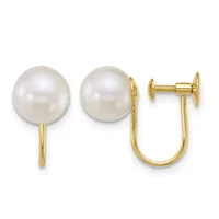 Pair of gold-toned pearl stud and screw-back earrings with large white lustrous pearls, shown from front and back views.
