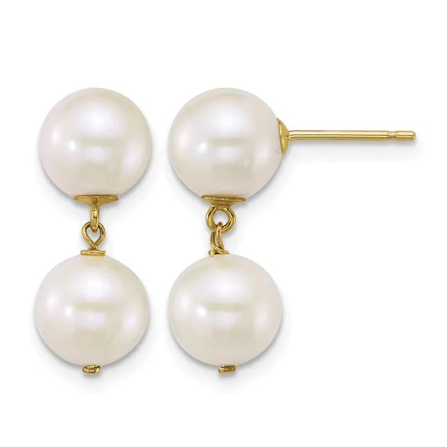 Pair of gold stud earrings with white pearl tops and dangling white pearl drops connected by small gold loops.