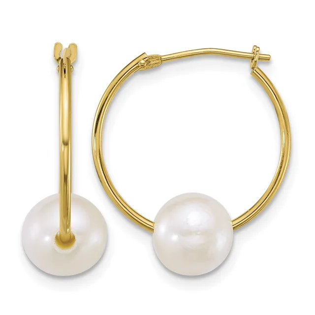 Pair of gold hoop earrings with white pearl drops, shown from front and side angles against a white background.