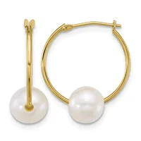 Pair of gold hoop earrings with white pearl drops, shown from front and side angles against a white background.