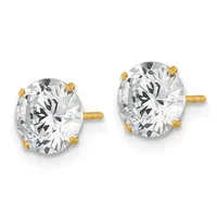 Pair of gold stud earrings with oval-cut clear cubic zirconia stones in four-prong settings.