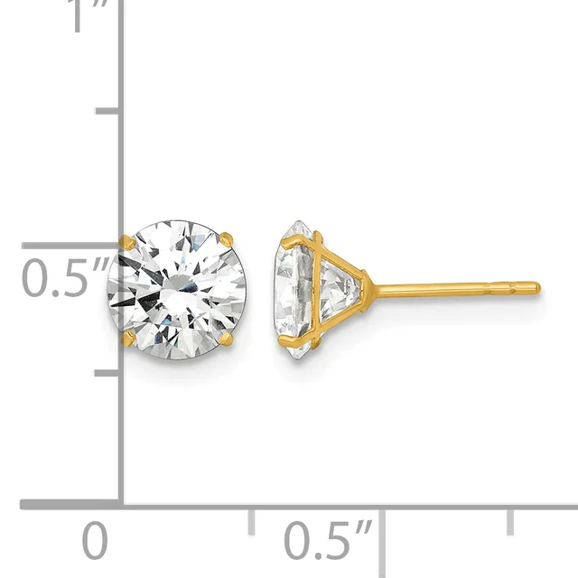 Gold stud earrings with round brilliant-cut cubic zirconia stones, shown from front and back views against a measurement scale.