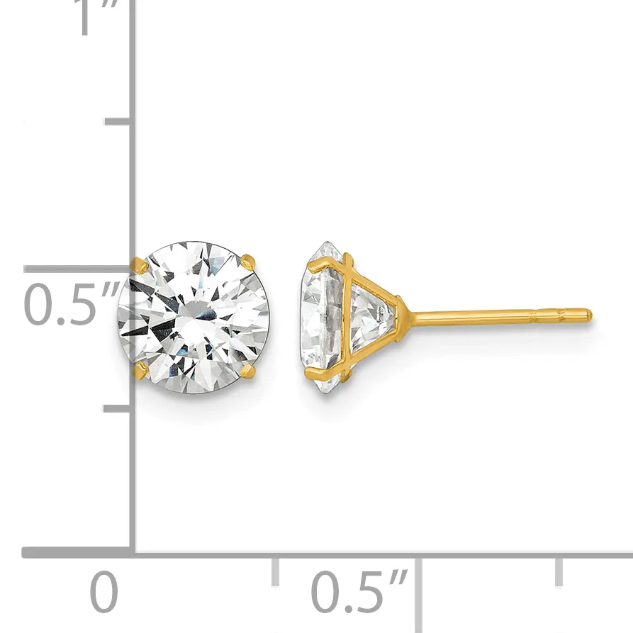 Gold stud earrings with round brilliant-cut cubic zirconia stones, shown from front and back views against a measurement scale.
