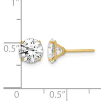 Gold stud earrings with round brilliant-cut cubic zirconia stones, shown from front and back views against a measurement scale.