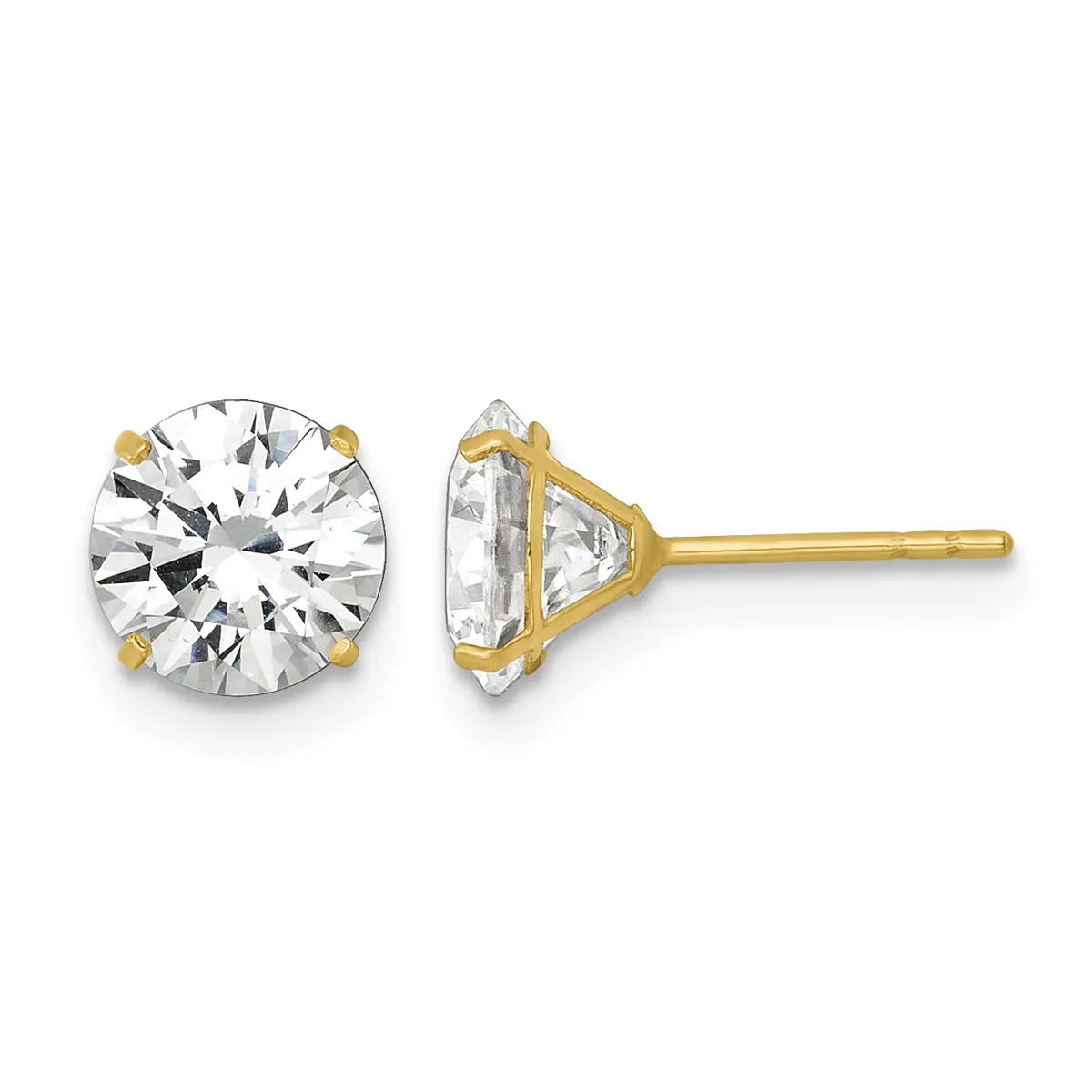 Pair of round diamond stud earrings with gold posts and backs, shown from front and side views.