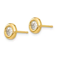 A pair of gold stud earrings with oval settings featuring clear faceted stones, shown against a white background.