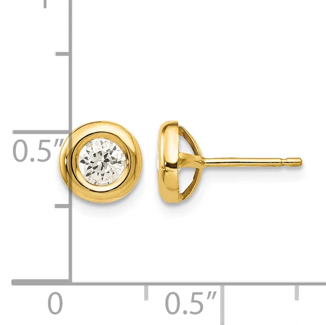 A pair of gold stud earrings with bezel-set round diamonds, shown from front and side views with a measurement scale indicating approximately 0.5 inches in diameter.