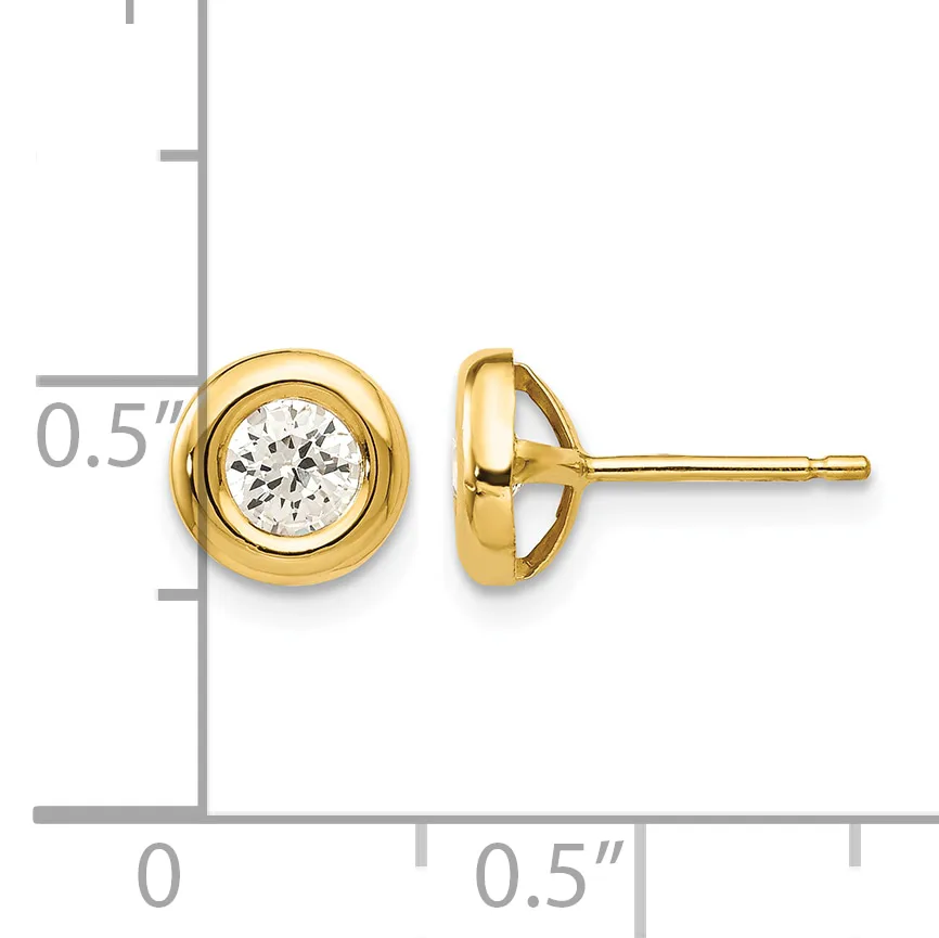 A pair of gold stud earrings with bezel-set round diamonds, shown from front and side views with a measurement scale indicating approximately 0.5 inches in diameter.