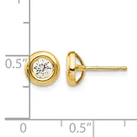 A pair of gold stud earrings with bezel-set round diamonds, shown from front and side views with a measurement scale indicating approximately 0.5 inches in diameter.