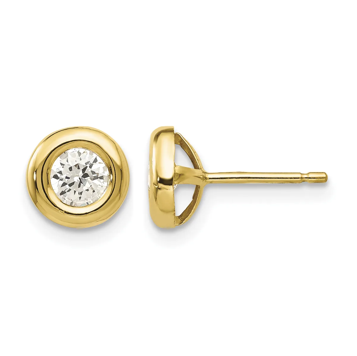 A pair of yellow gold stud earrings with round bezels each featuring a clear round-cut diamond, shown from front and side views.