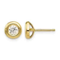 A pair of yellow gold stud earrings with round bezels each featuring a clear round-cut diamond, shown from front and side views.
