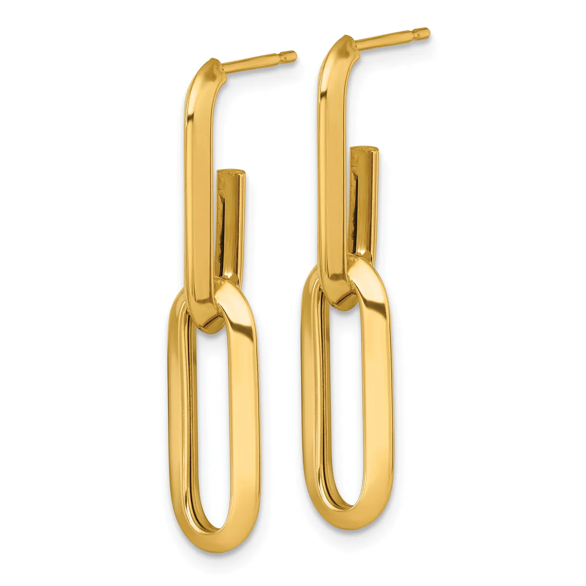 A pair of polished gold hoop earrings with a two-tier design, featuring an outer curved post and inner oval loop, displayed against a white background.