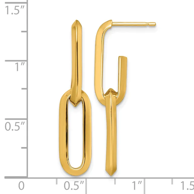 Two gold-colored earrings displayed against a measurement scale: a longer oval link earring on the left and a shorter curved post earring on the right.