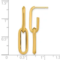 Two gold-colored earrings displayed against a measurement scale: a longer oval link earring on the left and a shorter curved post earring on the right.