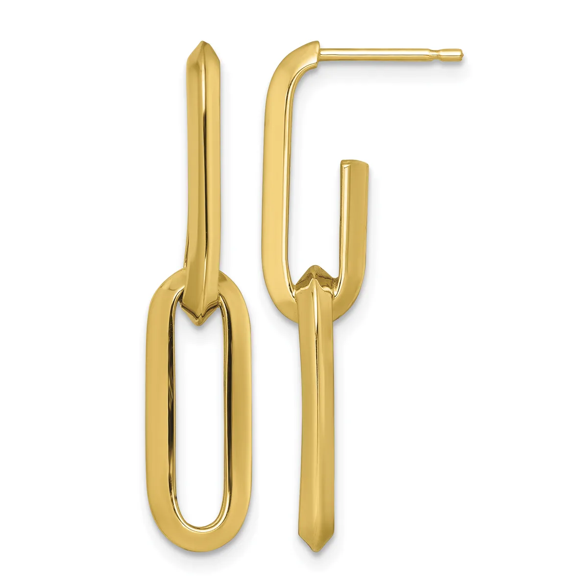 Pair of gold elongated oval loop earrings with post backs, shown front and side view.