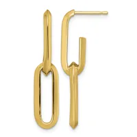 Pair of gold elongated oval loop earrings with post backs, shown front and side view.