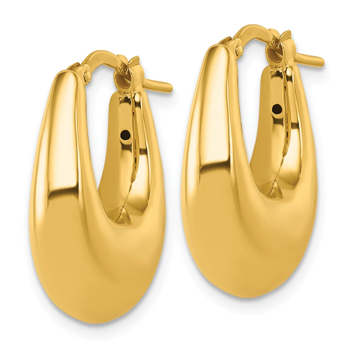 A pair of polished gold-toned chunky oval hoop earrings with hinged closures, shown from the front against a white background.