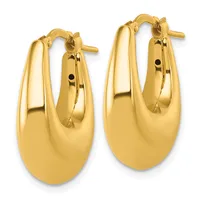 A pair of polished gold-toned chunky oval hoop earrings with hinged closures, shown from the front against a white background.