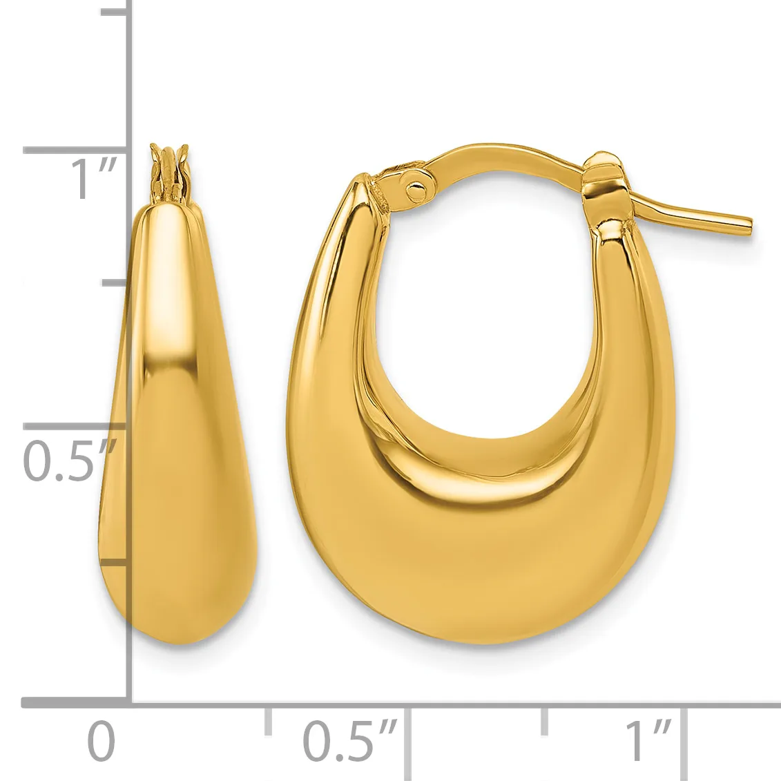 A pair of polished gold-toned chunky hoop earrings with post and clutch closures, displayed against a measurement scale showing approximately one inch in length.