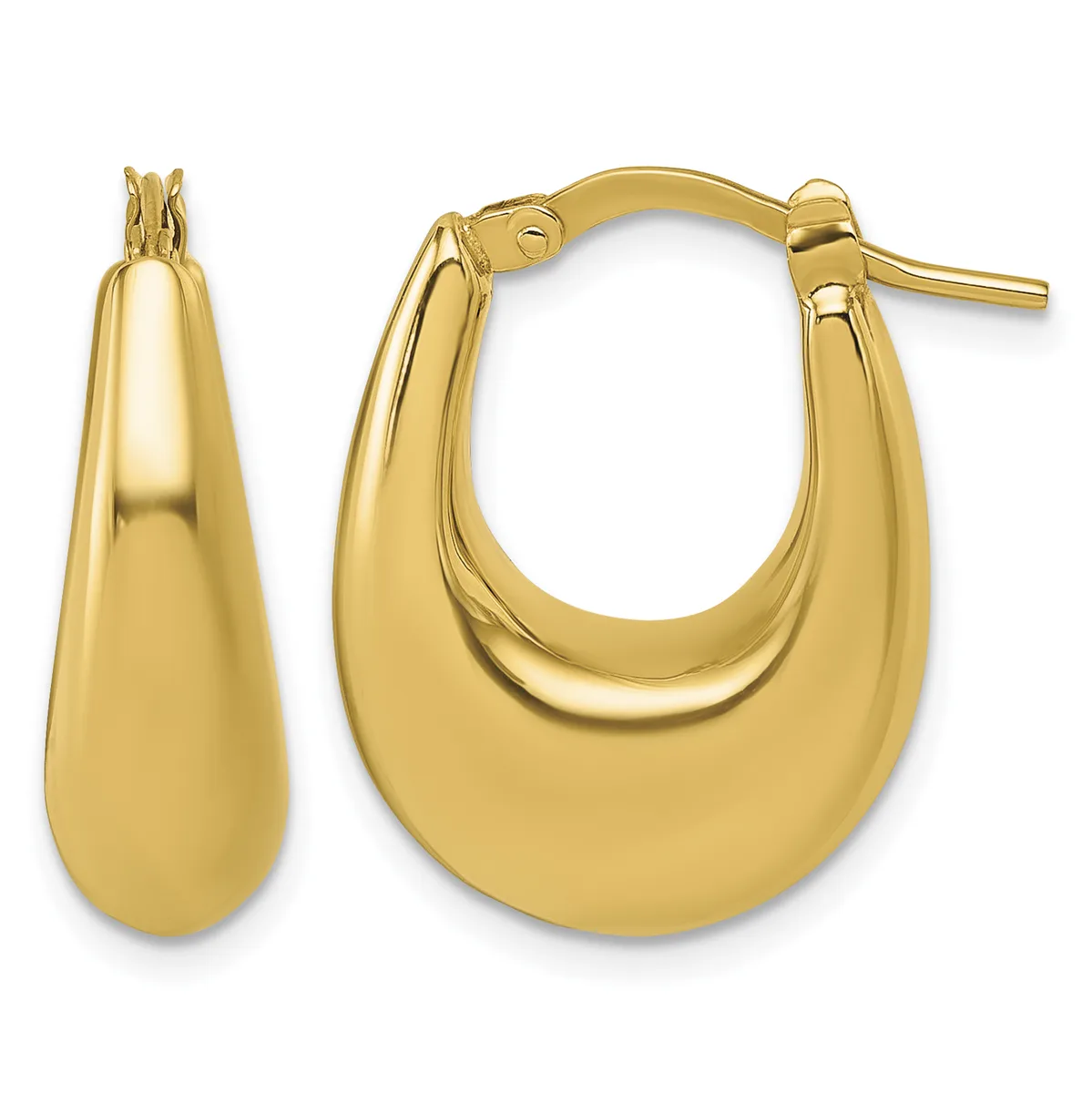 Pair of polished gold-colored hoop earrings with a curved, tapered teardrop shape and post-and-clutch closures, displayed against a white background.